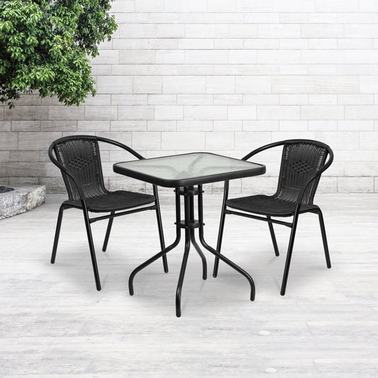 23.5 Square Glass Metal Table with 2 Rattan Stack Chairs - 23.50W x 23.50D x 28H - 23.50W x 23.50D x 28H