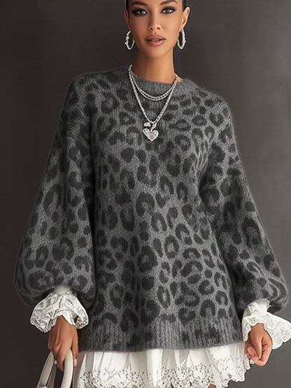 Gray Leopard Knit Long Sleeve Mini Dress With Lace Trim Hem