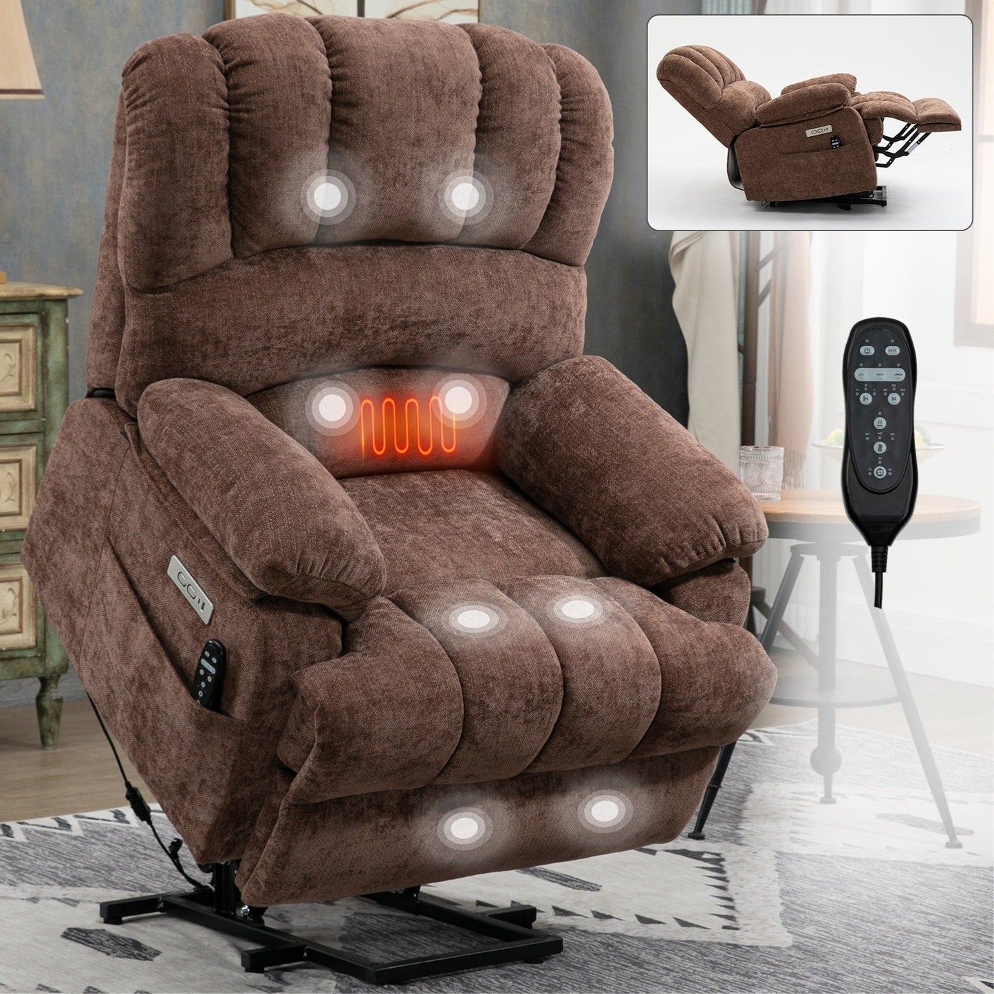 High Back Large Size Chenille Power Lift Recliner Chair