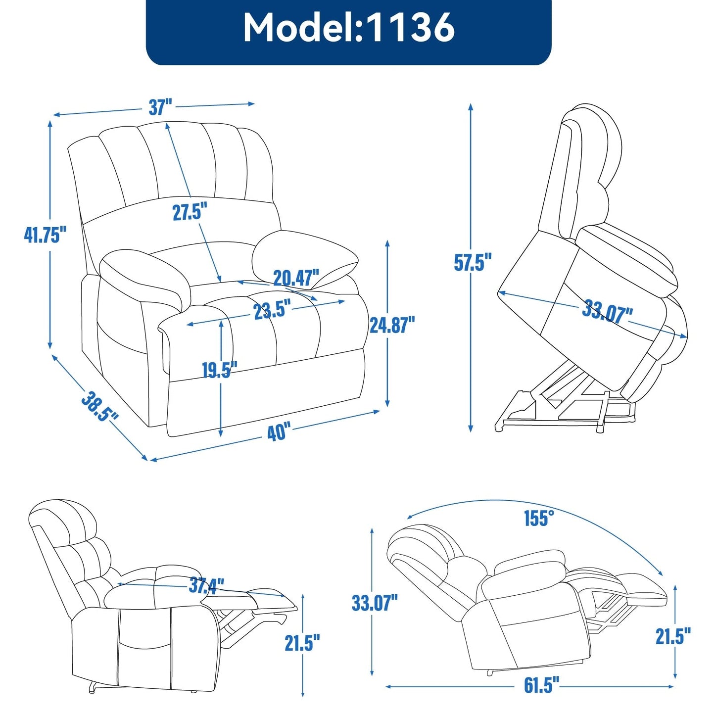 High Back Large Size Chenille Power Lift Recliner Chair