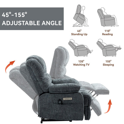 23 Seat Width and High Back Large Size Blue Grey Chenille Power Lift Recliner Chair with 8-Point Vibration Massage
