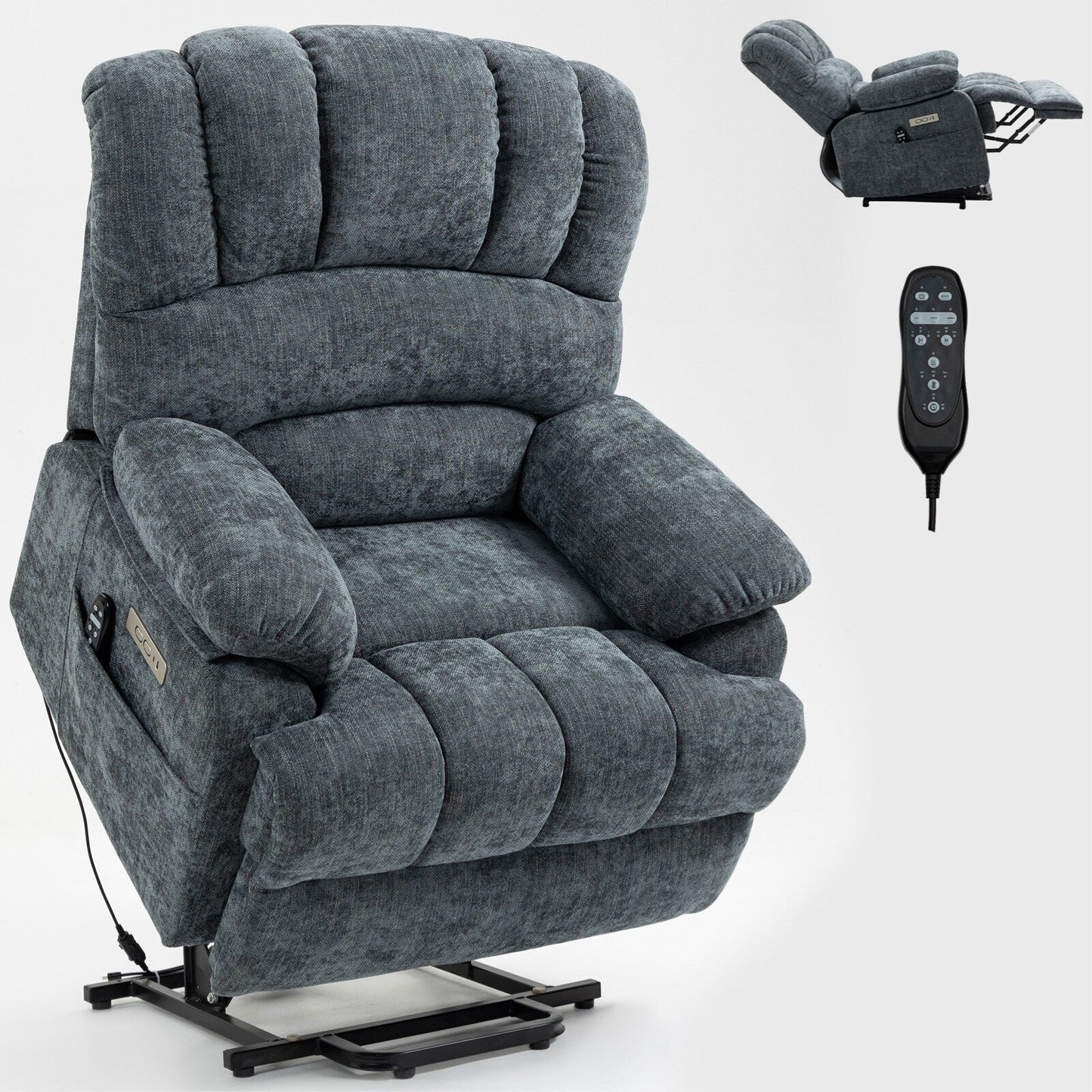 23 Seat Width and High Back Large Size Blue Grey Chenille Power Lift Recliner Chair with 8-Point Vibration Massage