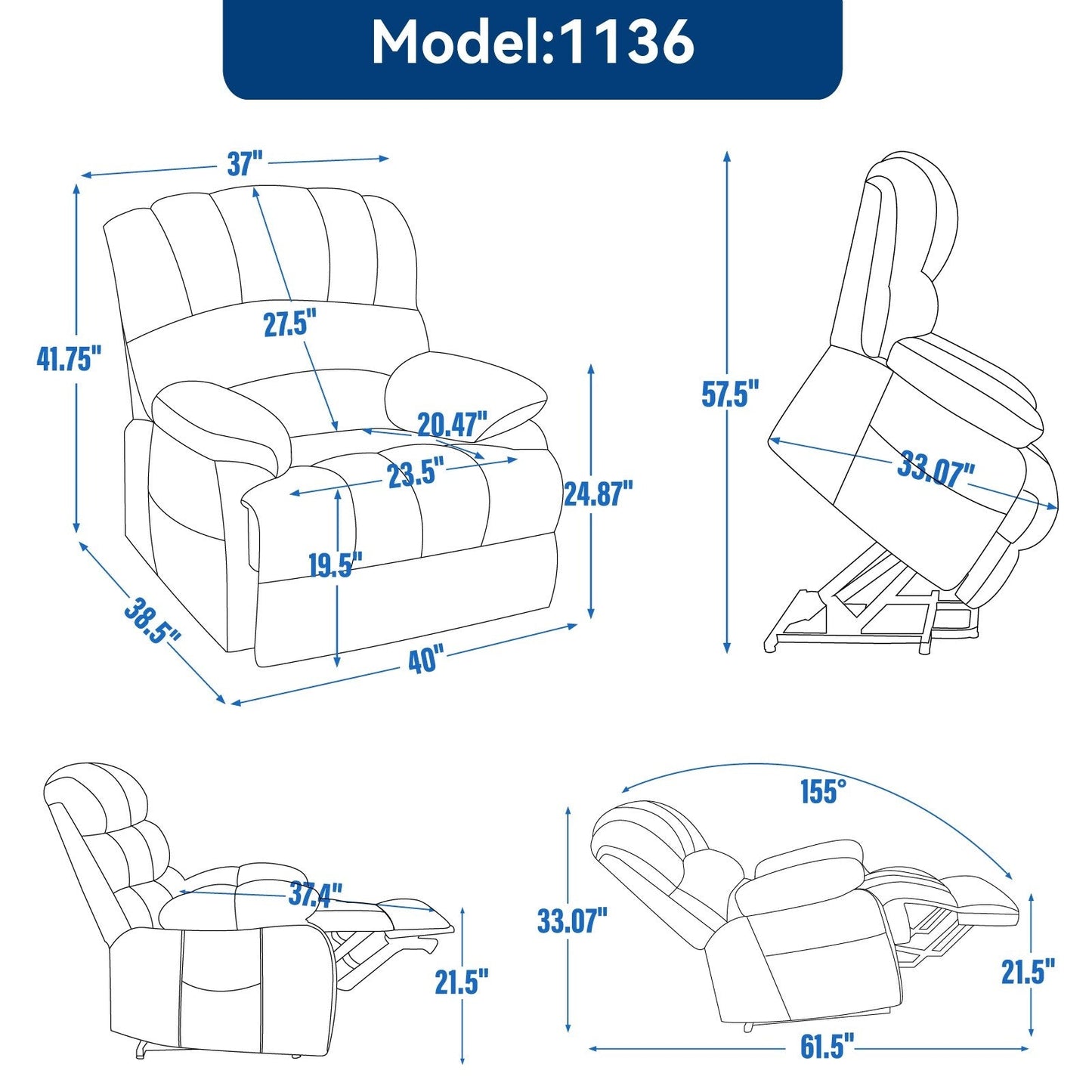 23 Seat Width and High Back Large Size Chenille Power Lift Recliner Chair with 8-Point Vibration Massage and Lumbar Heat