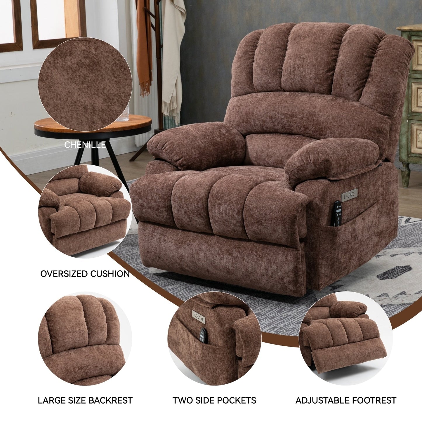 23 Seat Width and High Back Large Size Chenille Power Lift Recliner Chair with 8-Point Vibration Massage and Lumbar Heating