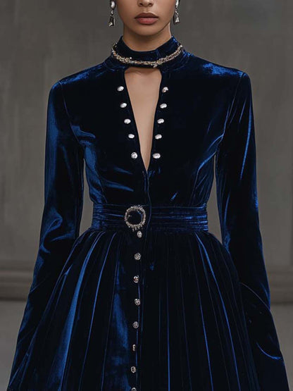 Navy Velvet Mini Dress With Web Collar And Silver Buttons