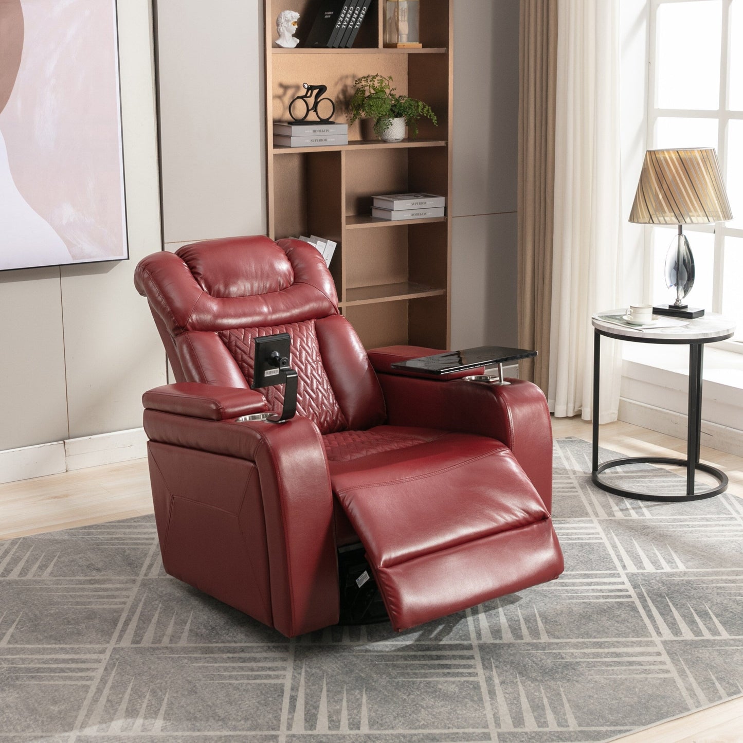 270 Degree Swivel PU Leather Power Recliner Individual Seat Home Theater Recliner with Comforable Backrest, Tray Table