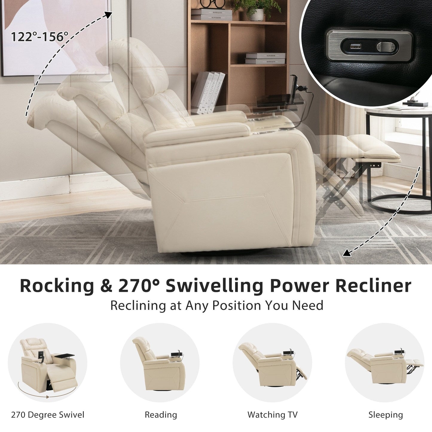 270 Degree Swivel PU Leather Power Recliner Individual Seat Home Theater Recliner with Comforable Backrest, Tray Table