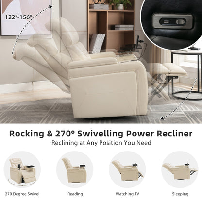 270 Degree Swivel PU Leather Power Recliner Individual Seat Home Theater Recliner with Comforable Backrest, Tray Table