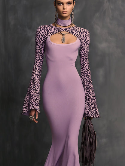 Lilac Leopard Sleeve Cutout Knit Long Sleeve Maxi Dress