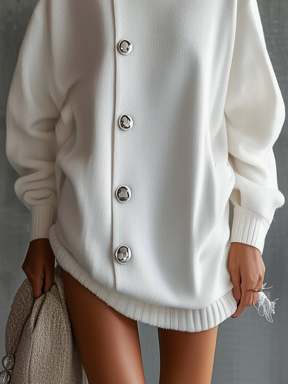 White Oversized Buttoned Turtleneck Sweater Dress