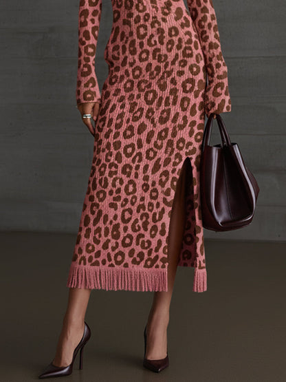 Pink Leopard Knit Button Front Long Sleeve Bodycon Dress