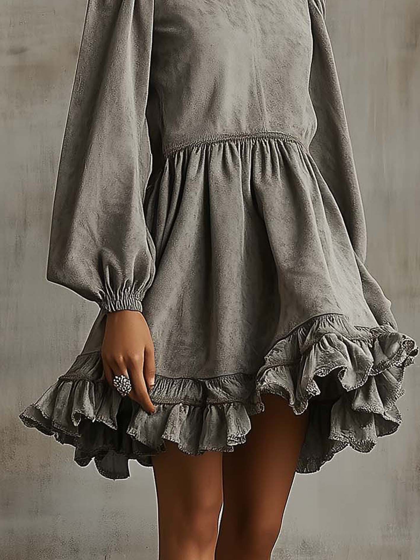 Gray Faux Suede Mini Dress With Ruffled Panels