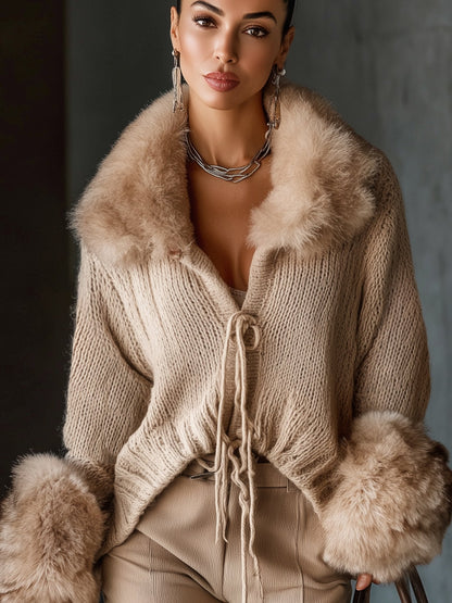 Beige Knit Cardigan With Faux Fur Collar And Cuffs