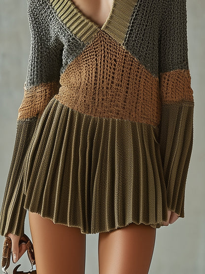 Olive And Taupe Colorblock Knit Dress With Pleated Hem