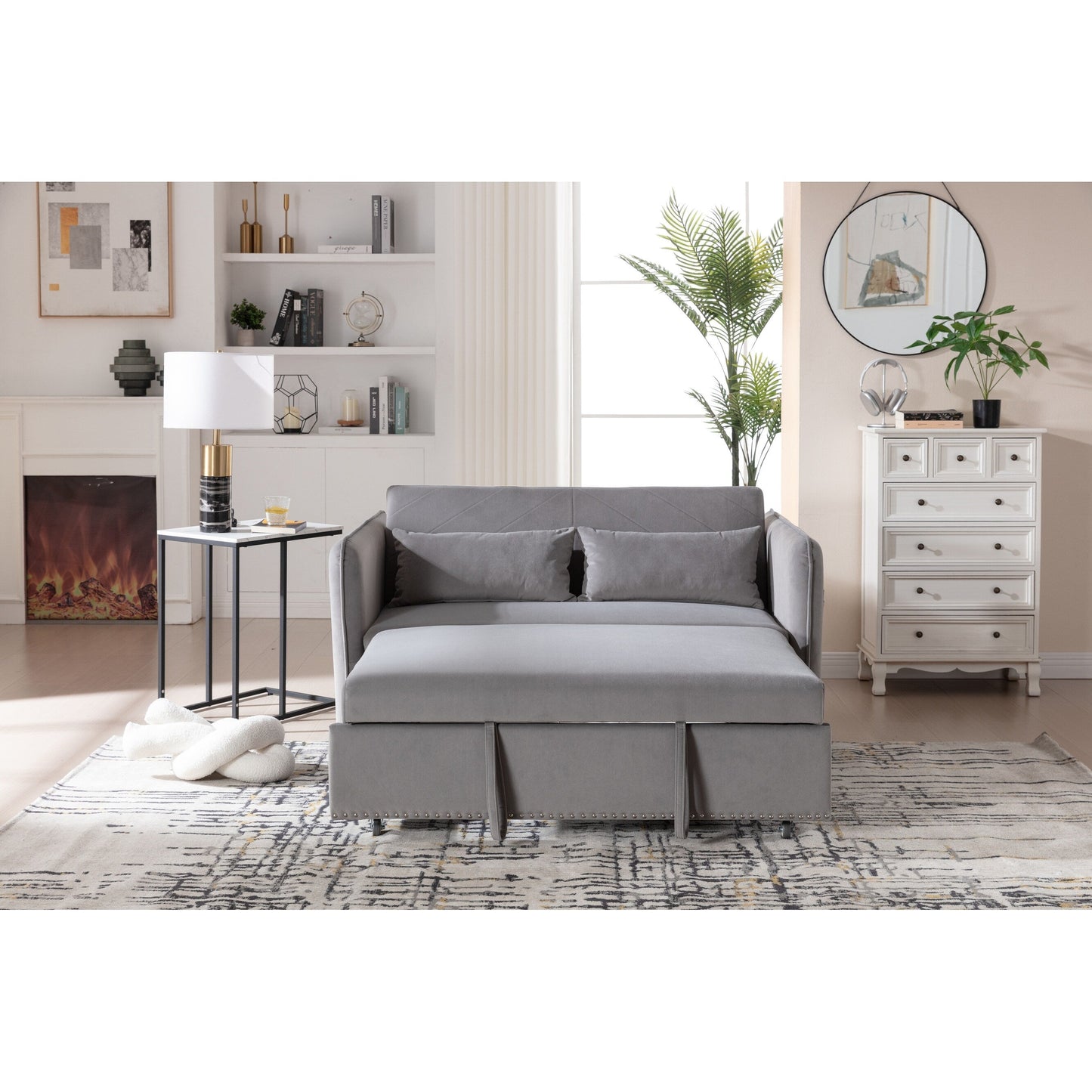 3 in 1 Convertible Sleeper Futon Sofa Bed, 55 Loveseat Lounge Couches with 2 Pillows, USB Ports & Side Pockets