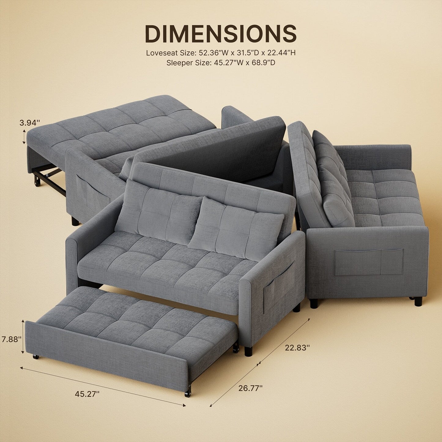 3 in 1 Convertible Sleeper Loveseat Couch, Futon Sofa Bed with Pull-Out Bed & Adjustable Backrest