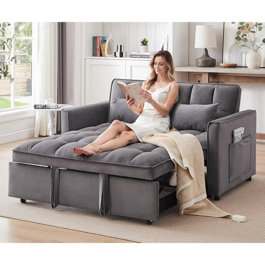 3 in 1 Convertible Sleeper Sofa Bed - Velvet Futon Couch with Adjustable Backrest, Side Pocket & Pull Out Function, Dark Gray