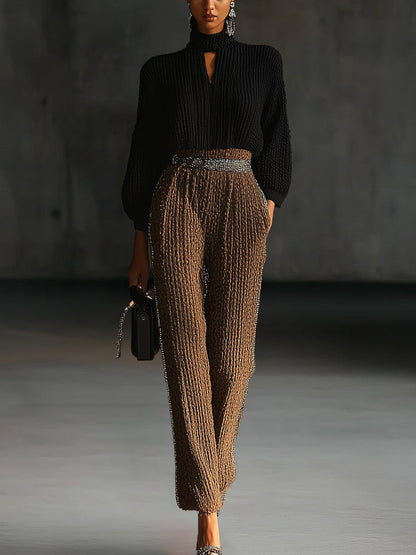 Black Knit High-Collar Top With Knit Bronze Pants Set