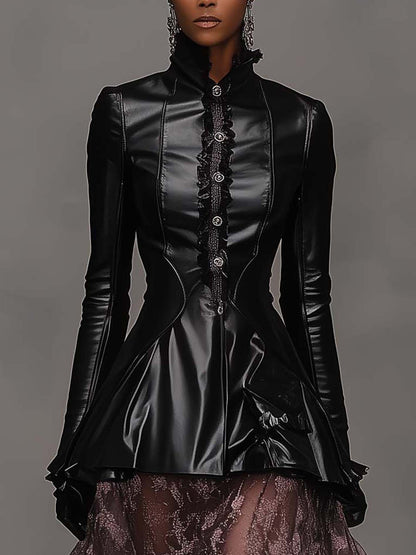 Black Collared Faux Leather Midi Dress With Pink Mesh