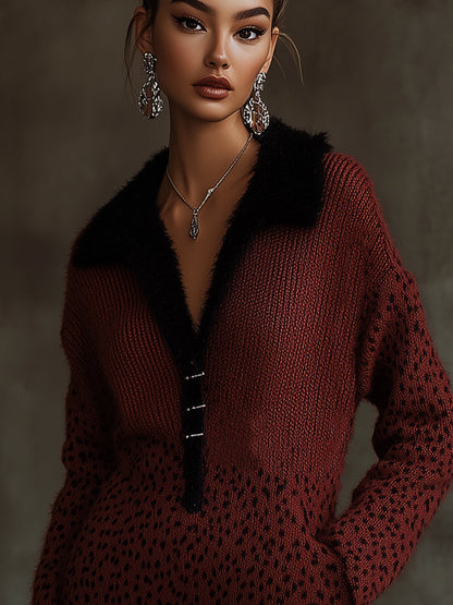 Burgundy Knit Dress With Faux Fur Collar And Leopard Print