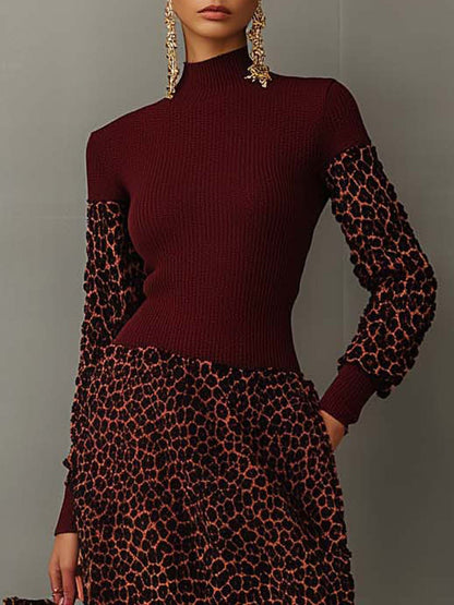 Burgundy Knitted Midi Dress With Leopard Print And Tassels