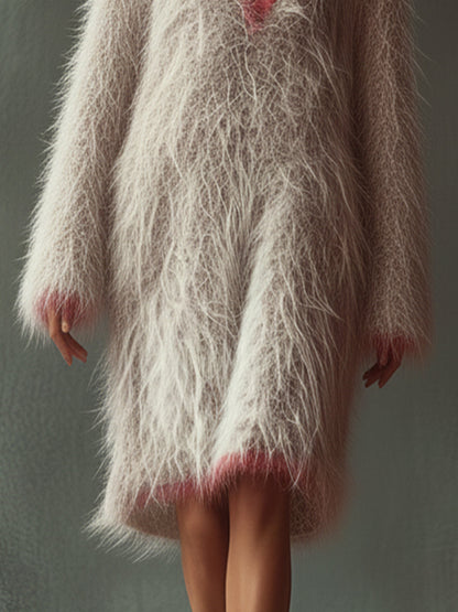 Gray Soft Fuzzy Angora Dress With Pink Accents And Deep V-Neck