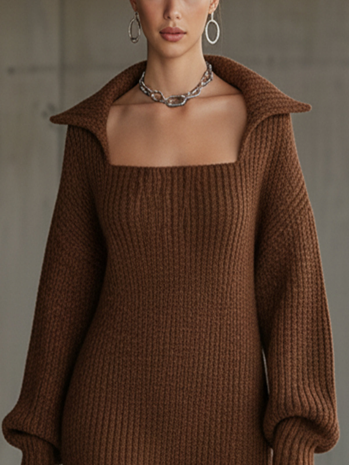 Chocolate Knitted Square Collar Sweater Dress