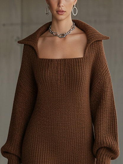Chocolate Knitted Square Collar Sweater Dress