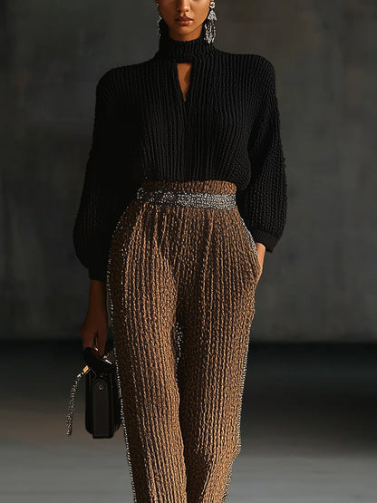 Black Knit High-Collar Top With Knit Bronze Pants Set