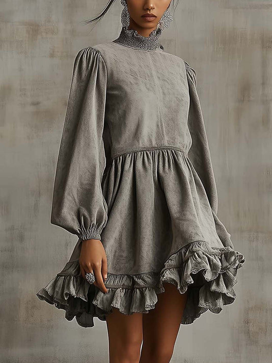 Gray Faux Suede Mini Dress With Ruffled Panels