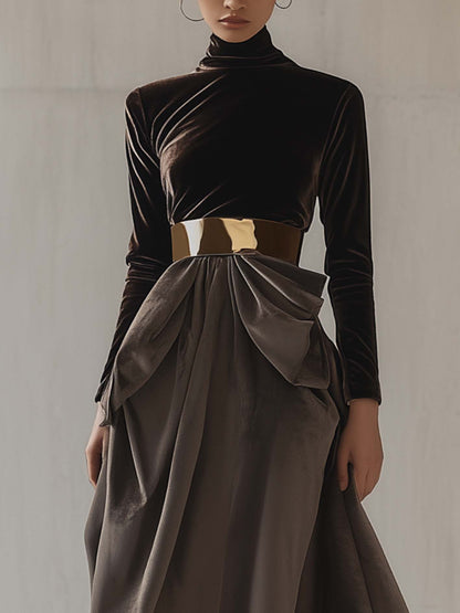 Brown And Gray Velvet Midi Dress With A Gold Fashion Belt