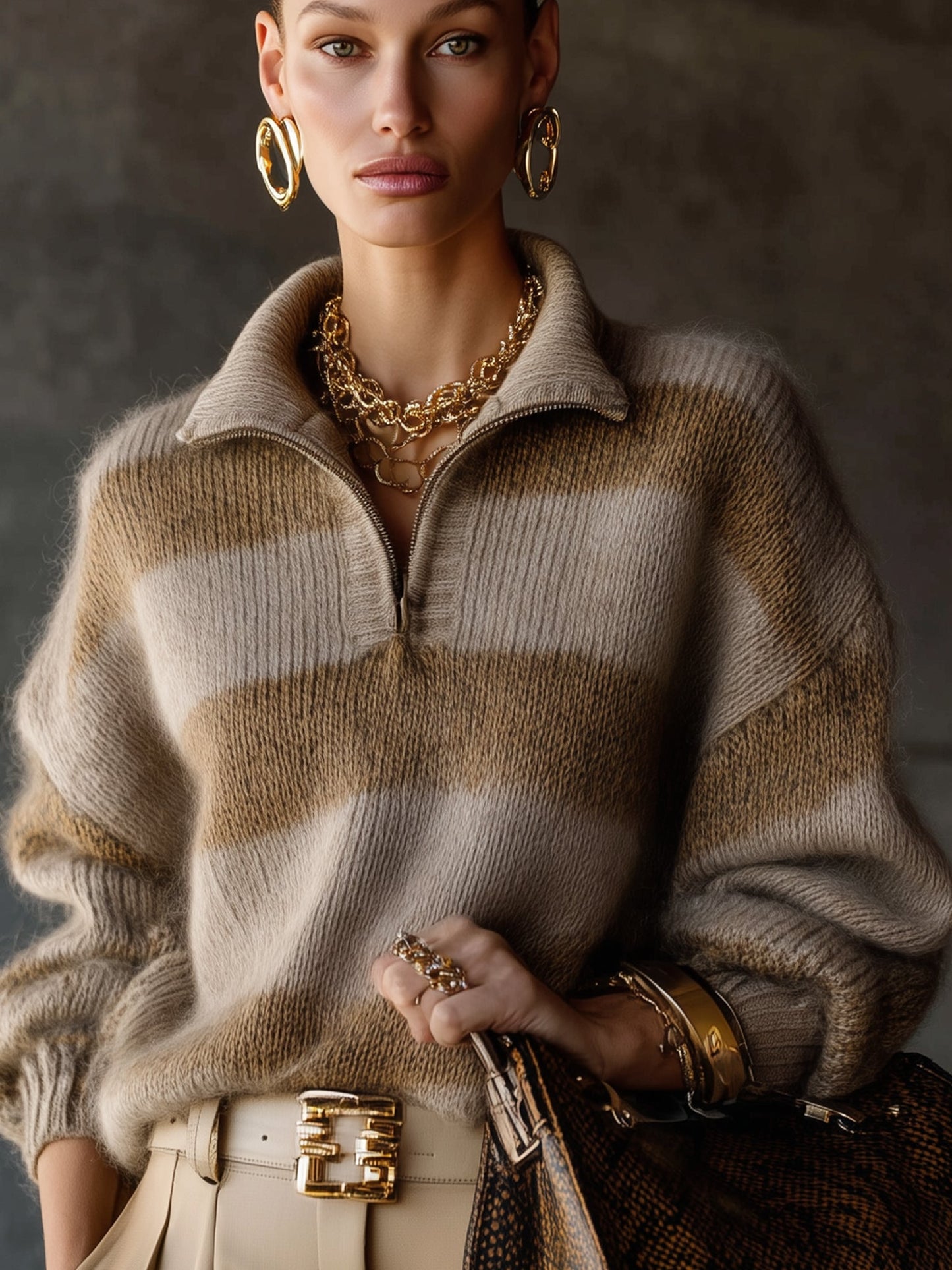 Taupe Striped Mohair Half Zip Pullover