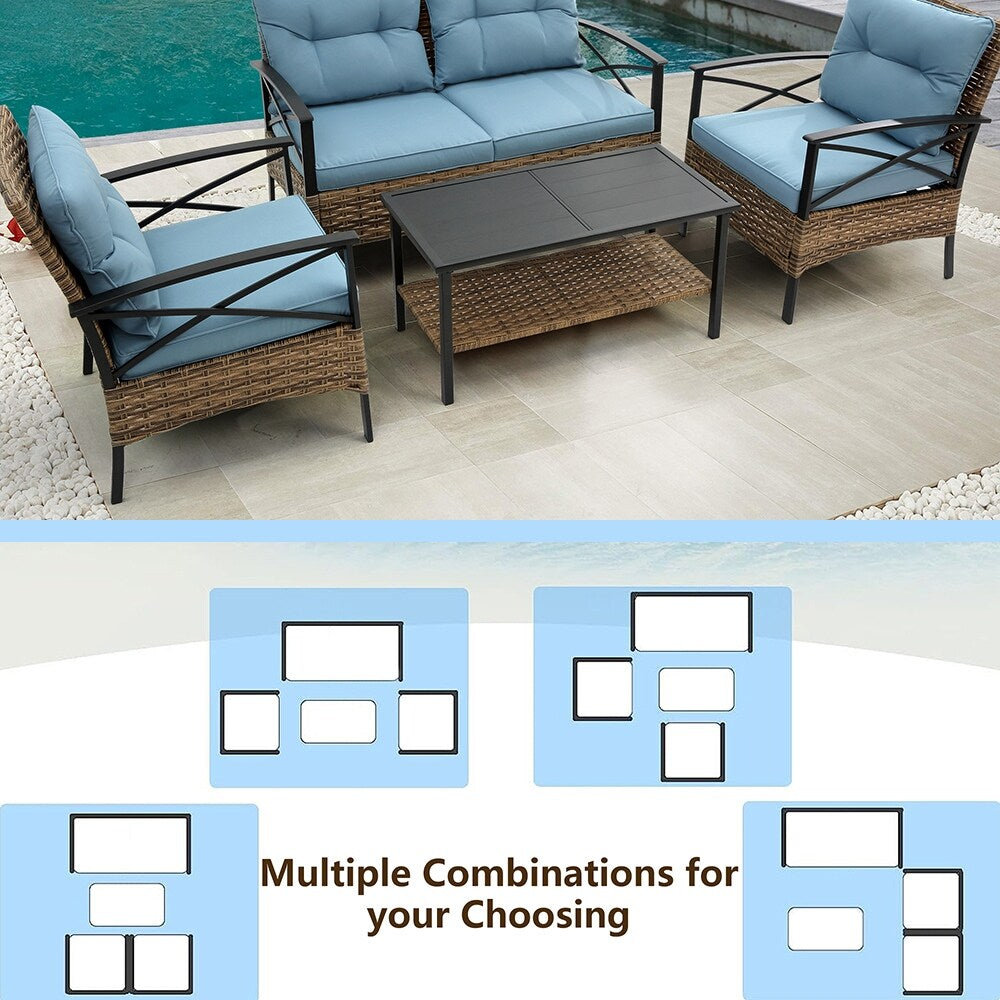 4-Piece Outdoor Patio Rattan Furniture Set, Thick Cushions&Side Table - 1 Table+2 Single chairs+1 Loveseat