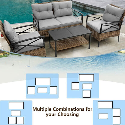 4-Piece Outdoor Patio Rattan Furniture Set, Thick Cushions&Side Table - 1 Table+2 Single chairs+1 Loveseat