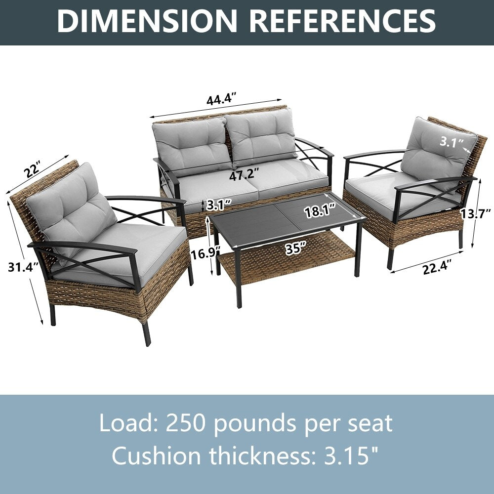 4-Piece Outdoor Patio Rattan Furniture Set, Thick Cushions&Side Table - 1 Table+2 Single chairs+1 Loveseat