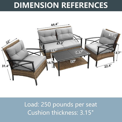 4-Piece Outdoor Patio Rattan Furniture Set, Thick Cushions&Side Table - 1 Table+2 Single chairs+1 Loveseat