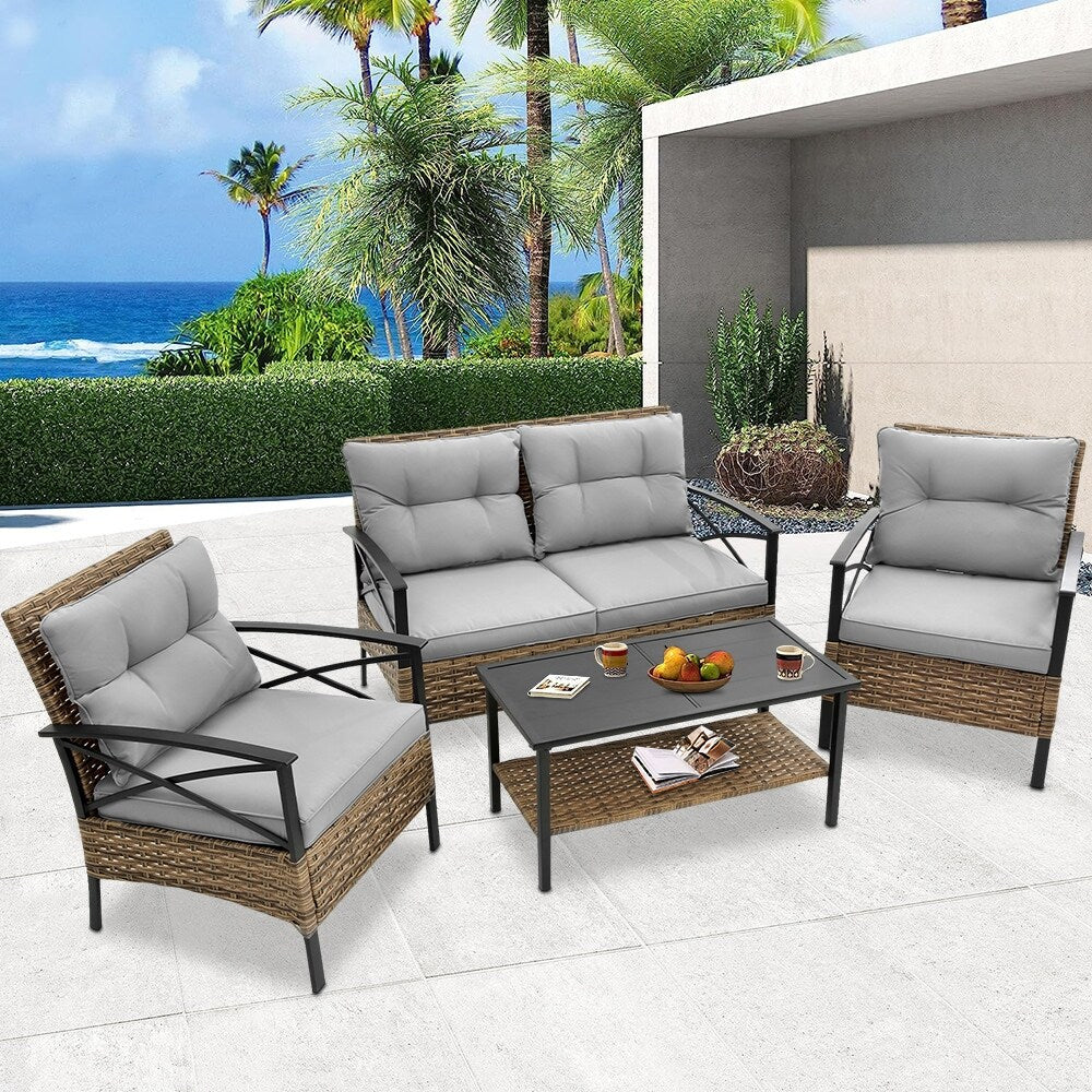 4-Piece Outdoor Patio Rattan Furniture Set, Thick Cushions&Side Table - 1 Table+2 Single chairs+1 Loveseat