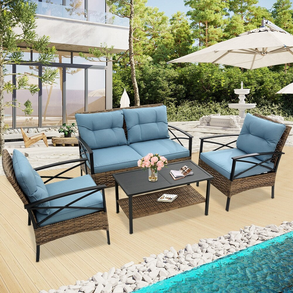4-Piece Outdoor Patio Rattan Furniture Set, Thick Cushions&Side Table - 1 Table+2 Single chairs+1 Loveseat