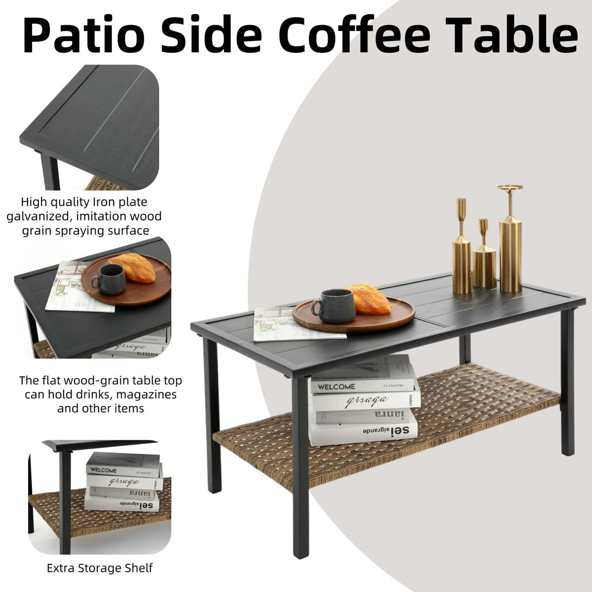 4-Piece Outdoor Patio Rattan Furniture Set, Thick Cushions&Side Table - 1 Table+2 Single chairs+1 Loveseat