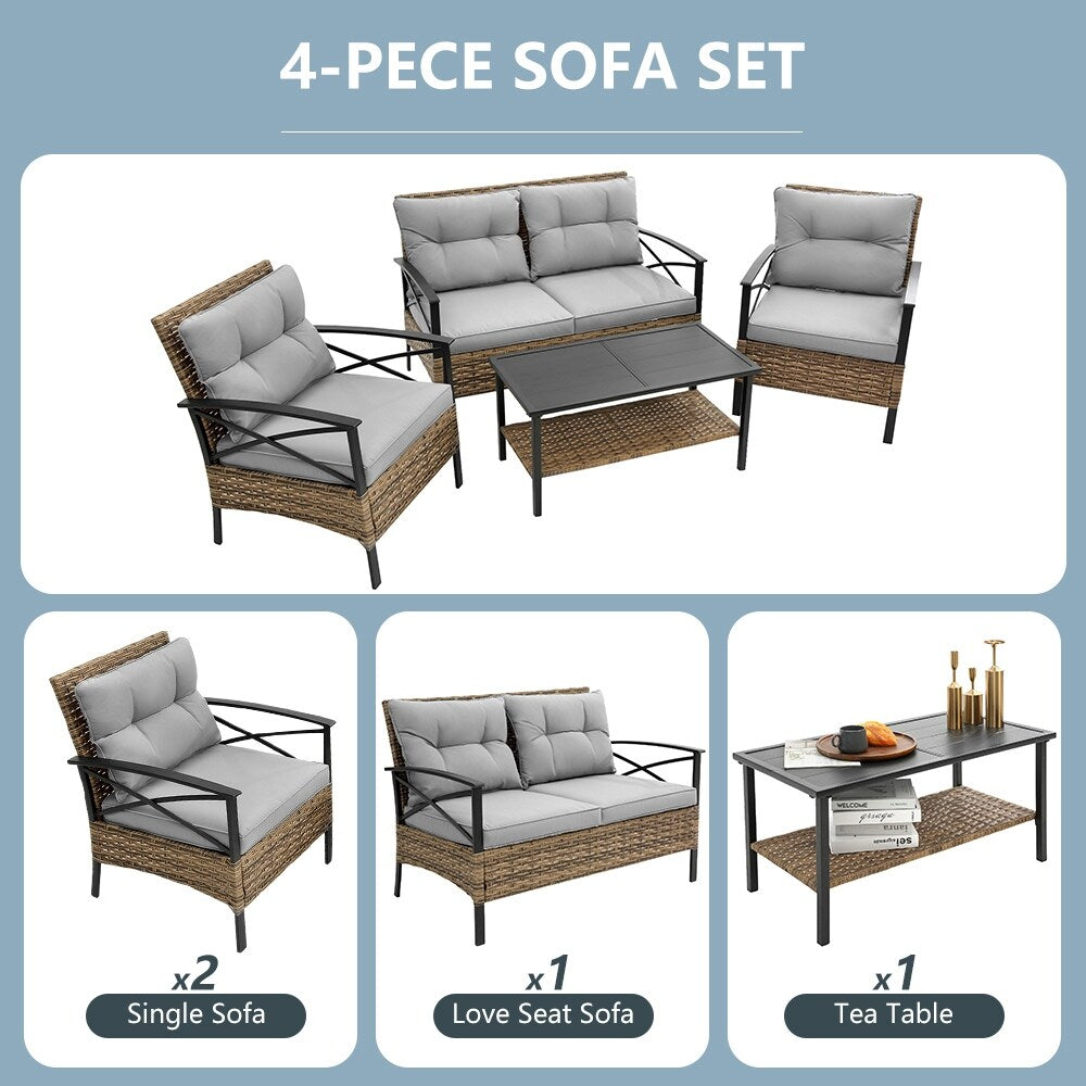 4-Piece Outdoor Patio Rattan Furniture Set, Thick Cushions&Side Table - 1 Table+2 Single chairs+1 Loveseat