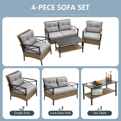 4-Piece Outdoor Patio Rattan Furniture Set, Thick Cushions&Side Table - 1 Table+2 Single chairs+1 Loveseat