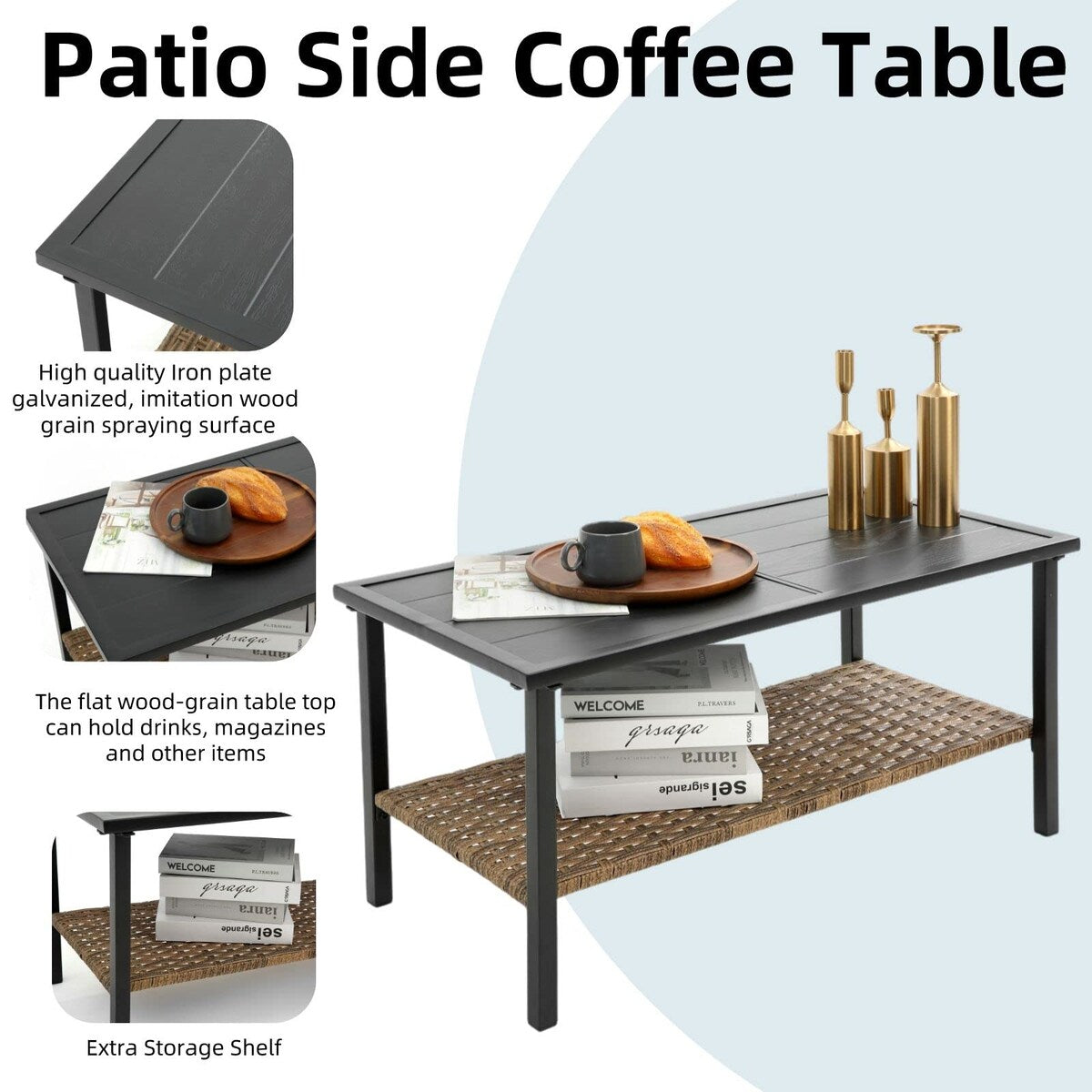 4-Piece Outdoor Patio Rattan Furniture Set, Thick Cushions&Side Table - 1 Table+2 Single chairs+1 Loveseat