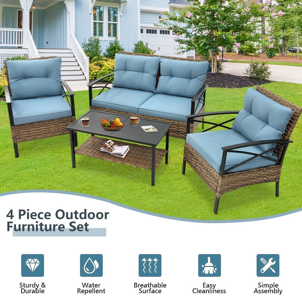 4-Piece Outdoor Patio Rattan Furniture Set, Thick Cushions&Side Table - 1 Table+2 Single chairs+1 Loveseat