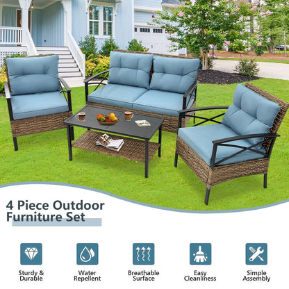 4-Piece Outdoor Patio Rattan Furniture Set, Thick Cushions&Side Table - 1 Table+2 Single chairs+1 Loveseat