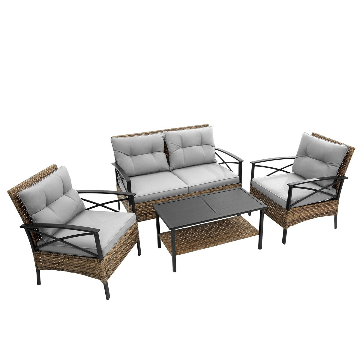 4-Piece Outdoor Patio Rattan Furniture Set, Thick Cushions&Side Table - 1 Table+2 Single chairs+1 Loveseat