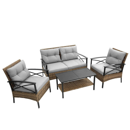 4-Piece Outdoor Patio Rattan Furniture Set, Thick Cushions&Side Table - 1 Table+2 Single chairs+1 Loveseat