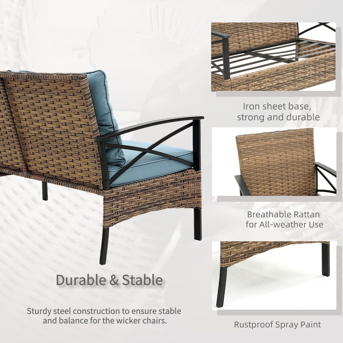 4-Piece Outdoor Patio Rattan Furniture Set, Thick Cushions&Side Table - 1 Table+2 Single chairs+1 Loveseat