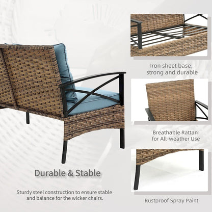 4-Piece Outdoor Patio Rattan Furniture Set, Thick Cushions&Side Table - 1 Table+2 Single chairs+1 Loveseat