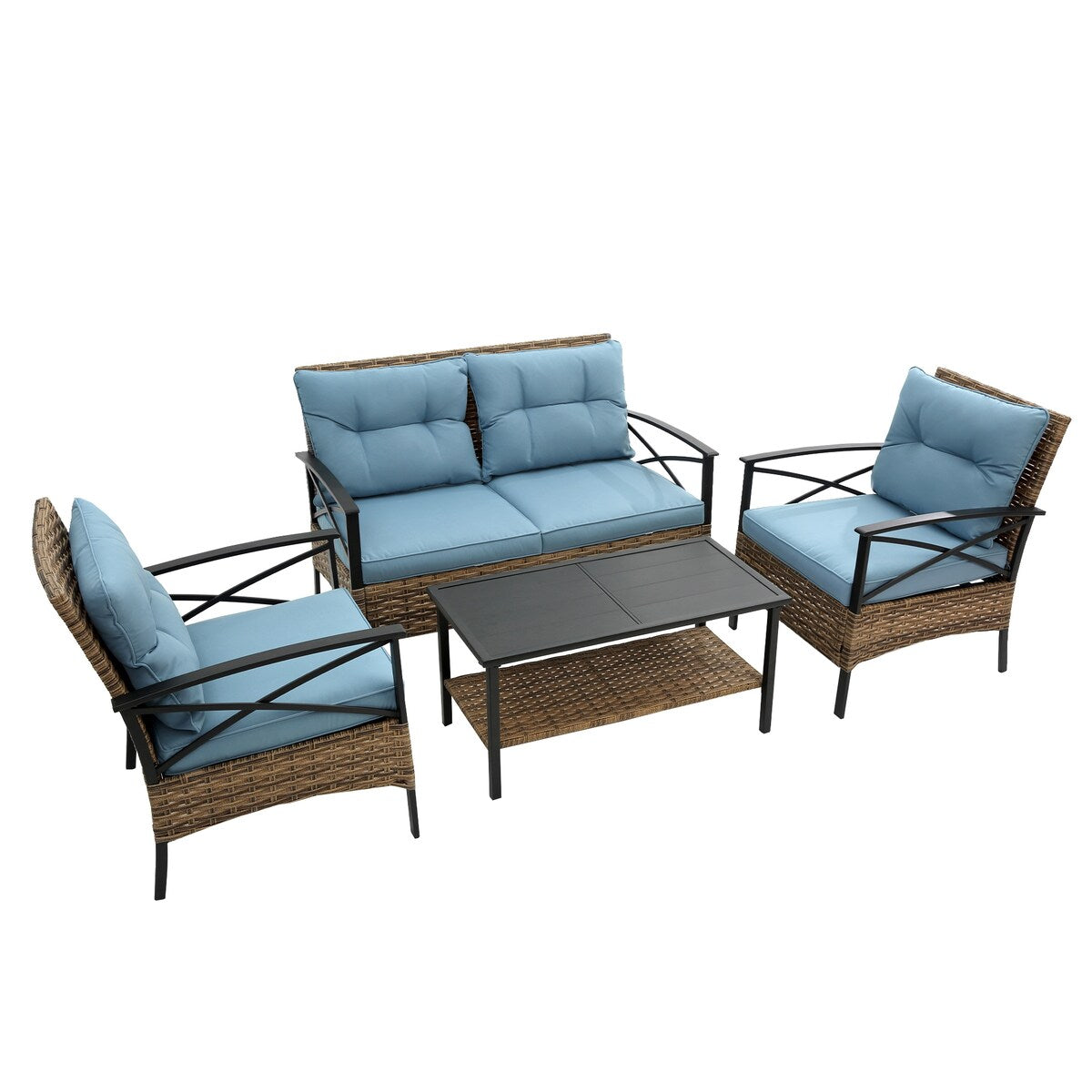 4-Piece Outdoor Patio Rattan Furniture Set, Thick Cushions&Side Table - 1 Table+2 Single chairs+1 Loveseat