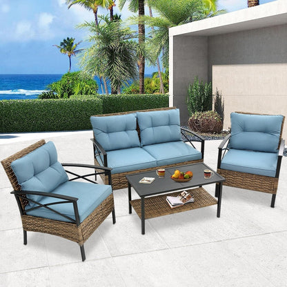 4-Piece Outdoor Patio Rattan Furniture Set, Thick Cushions&Side Table - 1 Table+2 Single chairs+1 Loveseat